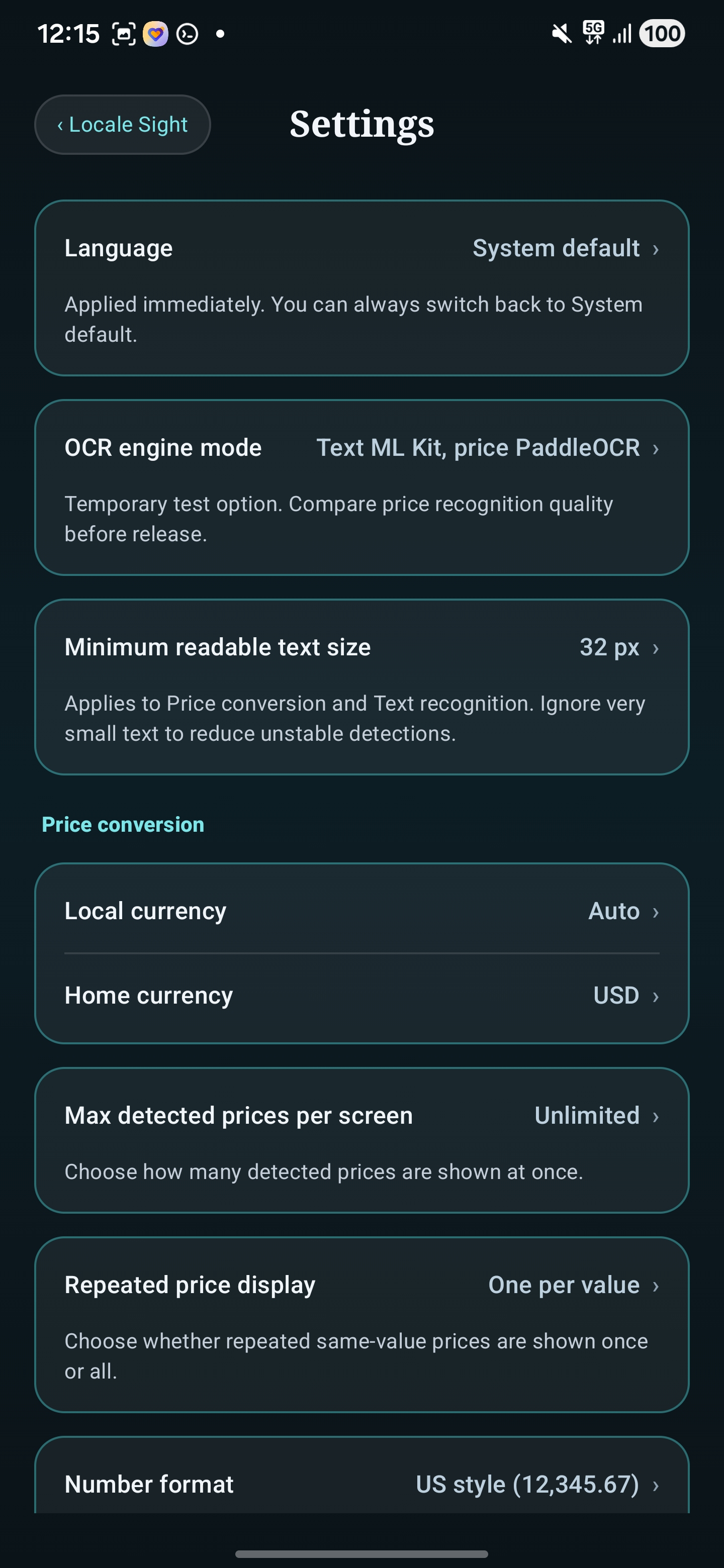 Settings screen