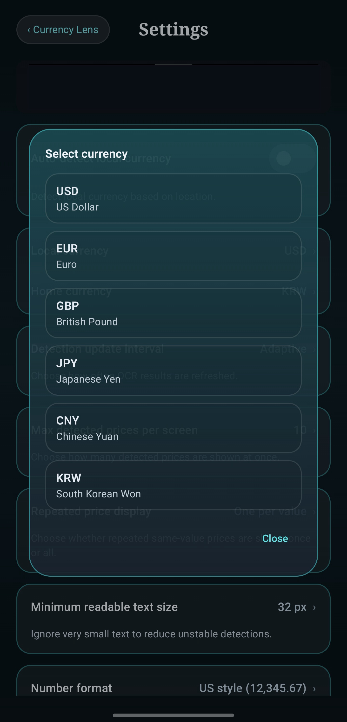 Currency settings list in Locale Sight