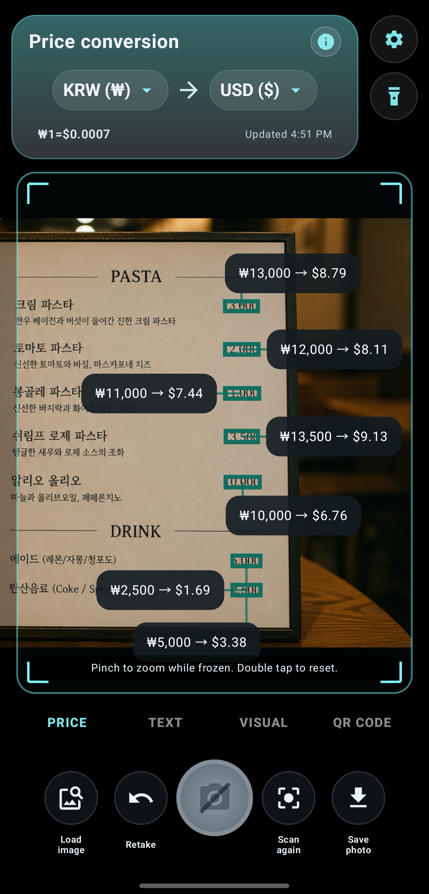 Live price conversion on a restaurant menu