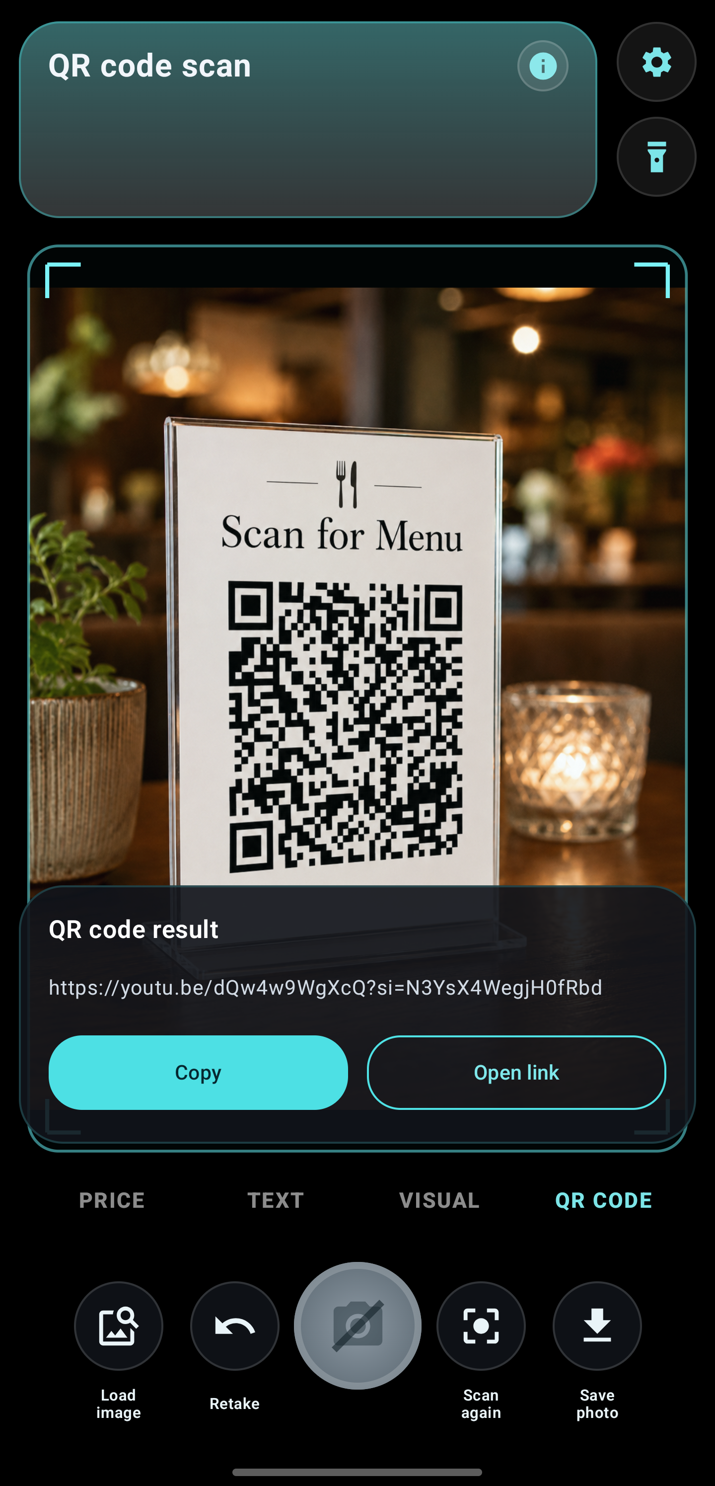 QR code scanner reading a restaurant menu code