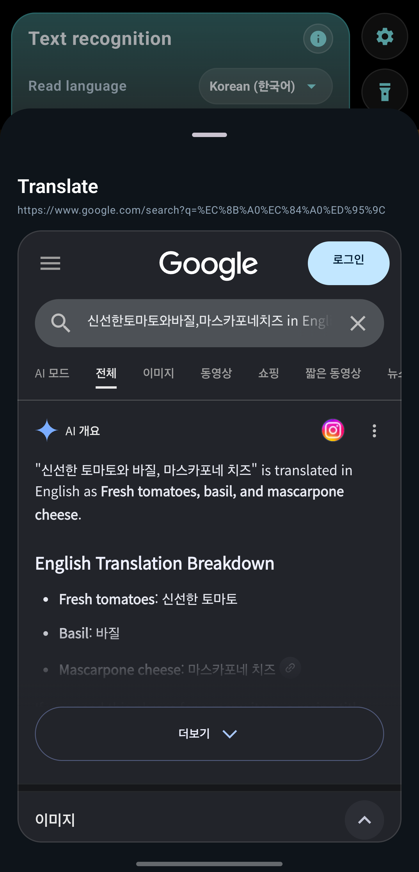 Recognized Korean text translated to English