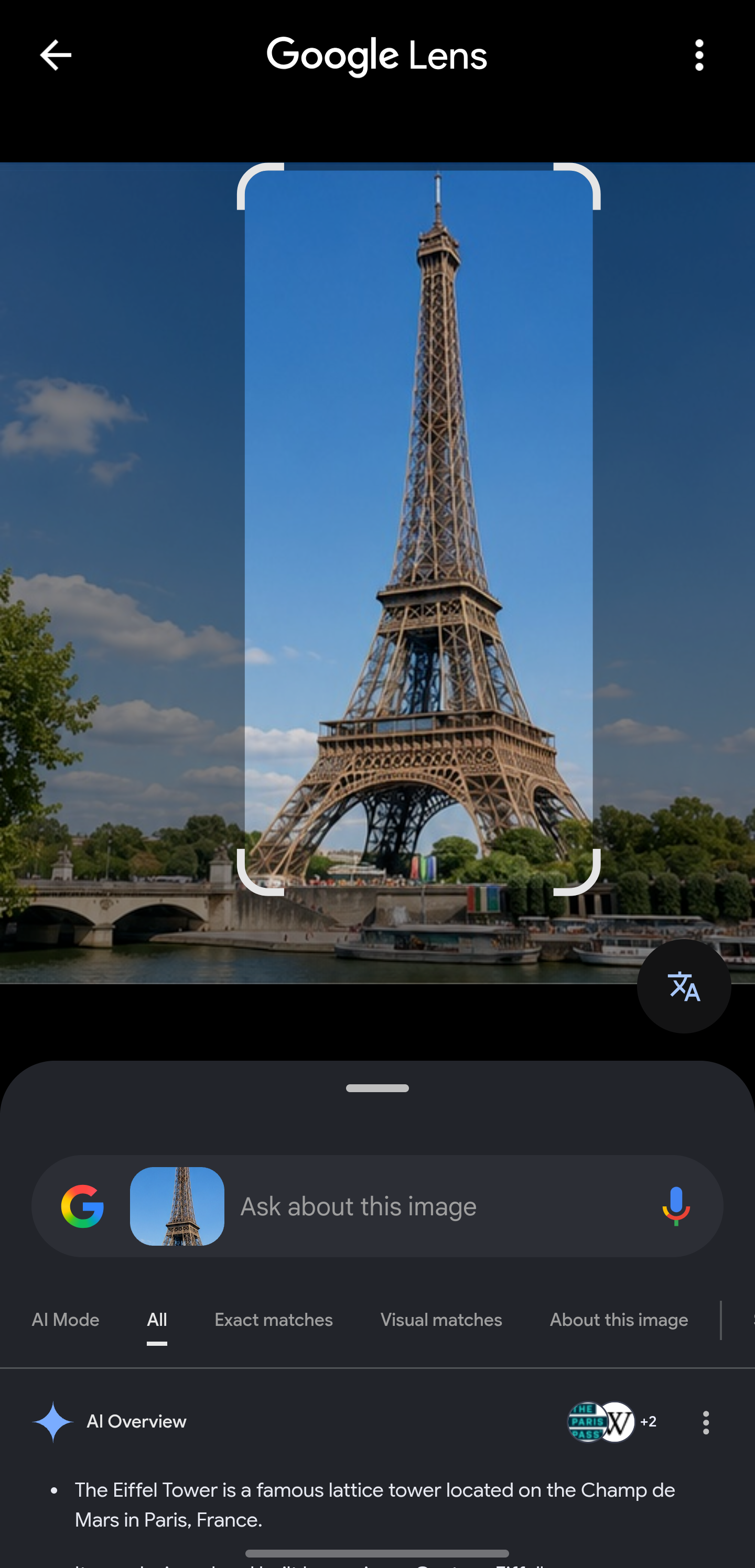 Google Lens identifying the Eiffel Tower